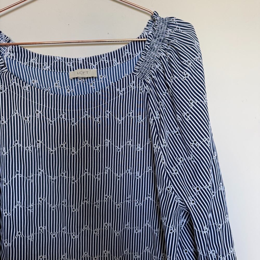 LOFT Blue Striped Scoop-Neck Long Sleeve Blouse - Picture 3 of 6